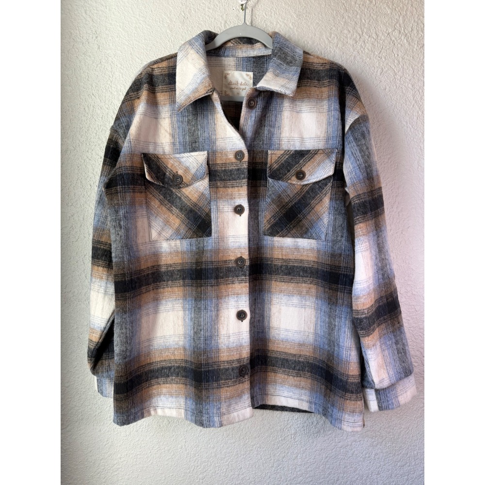 Altard State Plaid Shacket Blue Taupe Multi Oversized Flannel Jacket M